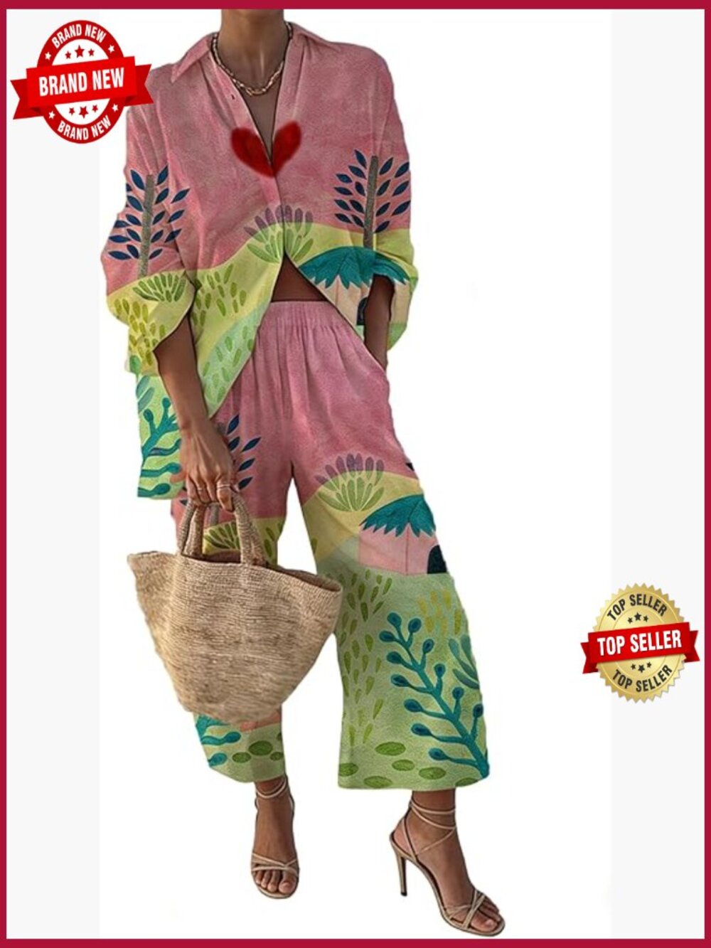 Women's Floral Button Down Shirt & Wide Leg Pants Set with Pockets, 95%